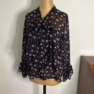Misa Los Angeles sz XS navy floral print blouse with ruffles tie at chest EUC